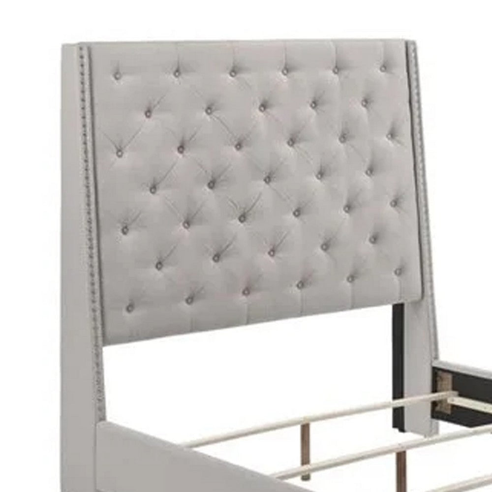 Maze King Size Bed Button Tufted Nailhead Beige Faux Leather Upholstery By Casagear Home