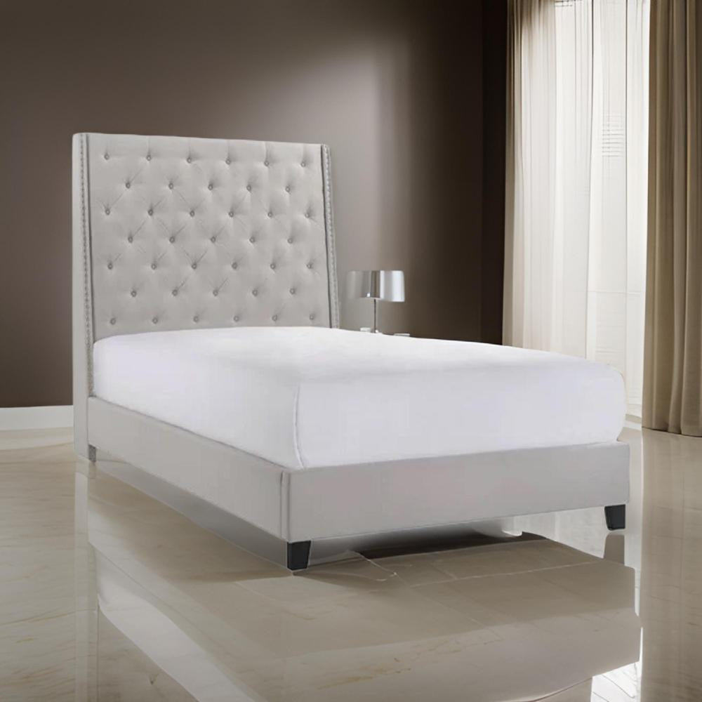 Maze King Size Bed, Button Tufted, Nailhead, Beige Faux Leather Upholstery By Casagear Home
