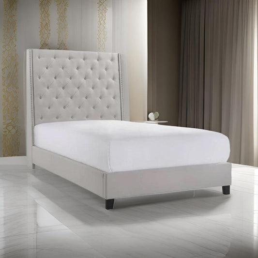 Maze Queen Size Bed, Button Tufted, Nailhead, Beige Faux Leather Upholstery By Casagear Home