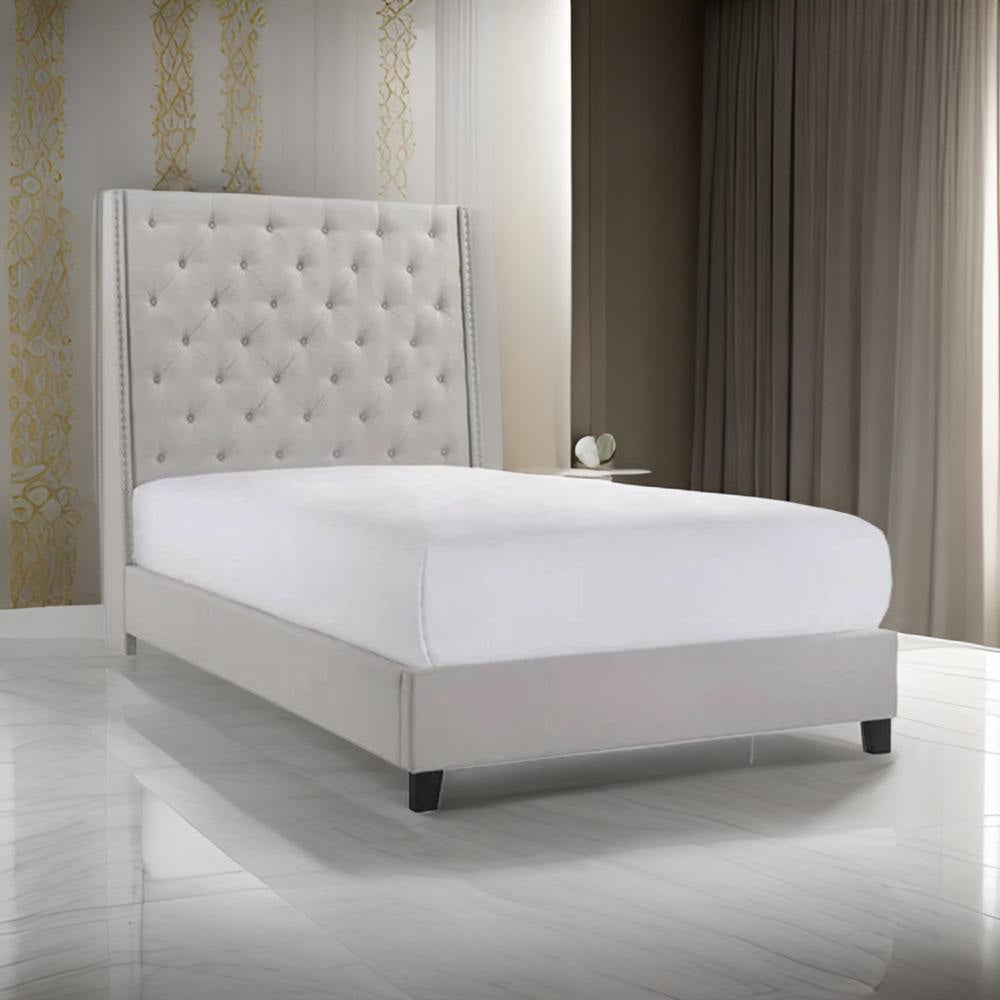 Maze Queen Size Bed, Button Tufted, Nailhead, Beige Faux Leather Upholstery By Casagear Home