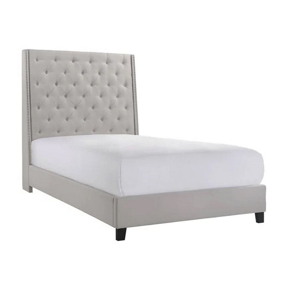 Maze Queen Size Bed, Button Tufted, Nailhead, Beige Faux Leather Upholstery By Casagear Home