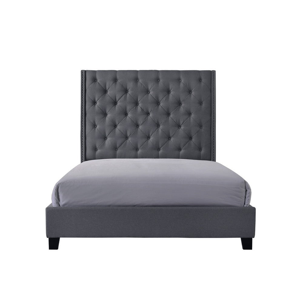 Maze King Size Bed Button Tufted Nailhead Trim Gray Fabric Upholstery By Casagear Home