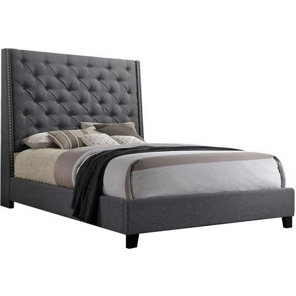 Maze King Size Bed Button Tufted Nailhead Trim Gray Fabric Upholstery By Casagear Home