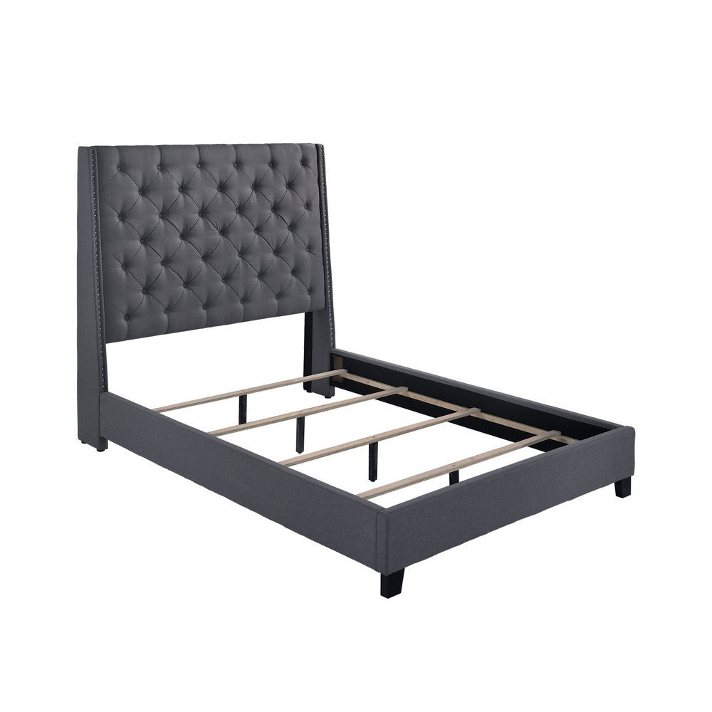 Maze King Size Bed Button Tufted Nailhead Trim Gray Fabric Upholstery By Casagear Home