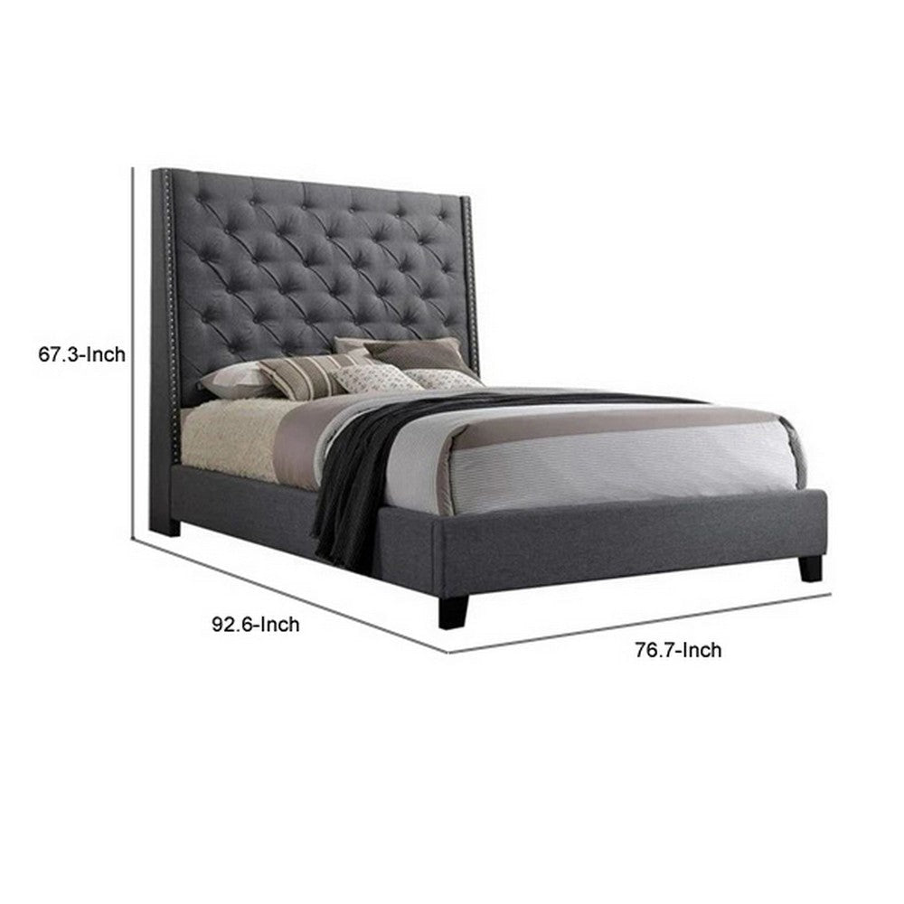 Maze King Size Bed Button Tufted Nailhead Trim Gray Fabric Upholstery By Casagear Home