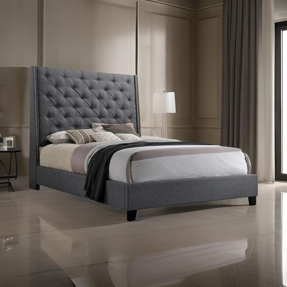 Maze King Size Bed, Button Tufted, Nailhead Trim, Gray Fabric Upholstery By Casagear Home