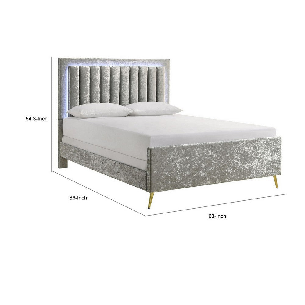 Gaze Queen Size Bed Channel Tufted LED Gold Legs Gray Upholstery By Casagear Home BM307261