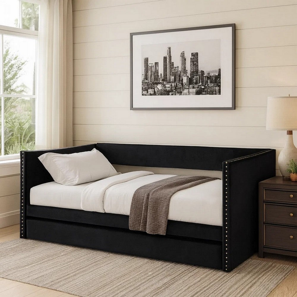 Trundle Daybed, Soft Black Velvet Upholstery, Classic Nailhead Trim Design By Casagear Home