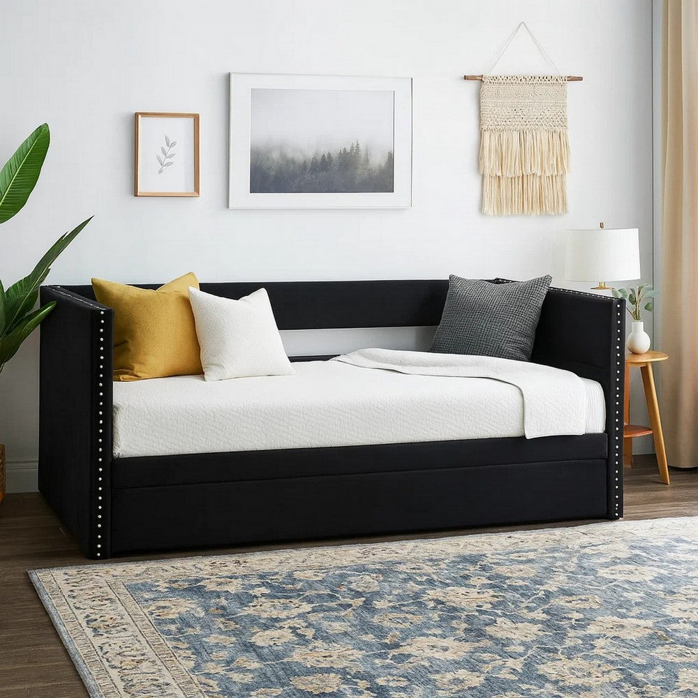 Trundle Daybed, Soft Black Velvet Upholstery, Classic Nailhead Trim Design By Casagear Home
