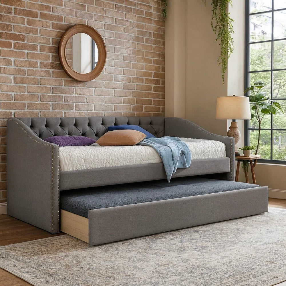 Trundle Daybed, Soft Tufted Gray Fabric Upholstery, Nailhead Design By Casagear Home