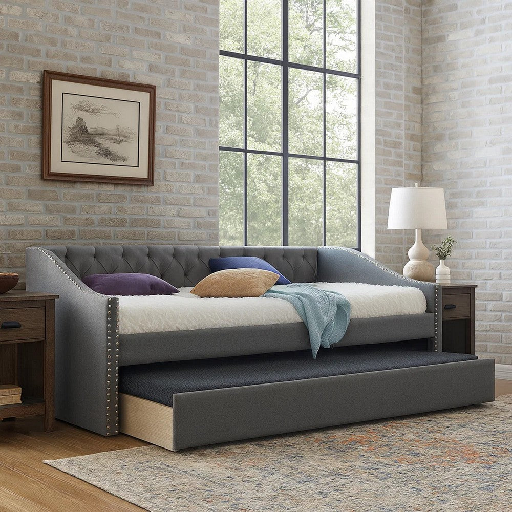 Trundle Daybed, Soft Tufted Gray Fabric Upholstery, Nailhead Design By Casagear Home