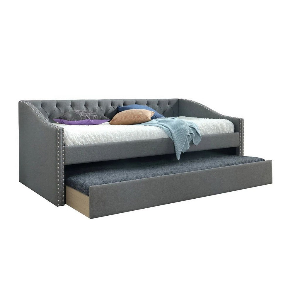 Trundle Daybed, Soft Tufted Gray Fabric Upholstery, Nailhead Design By Casagear Home