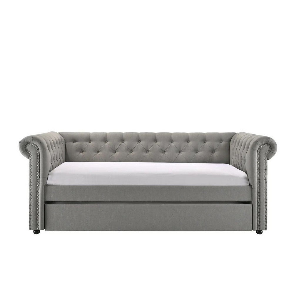 Ellen Trundle Daybed Black Fabric Upholstery Rolled Arms Nailhead Trim By Casagear Home BM307265