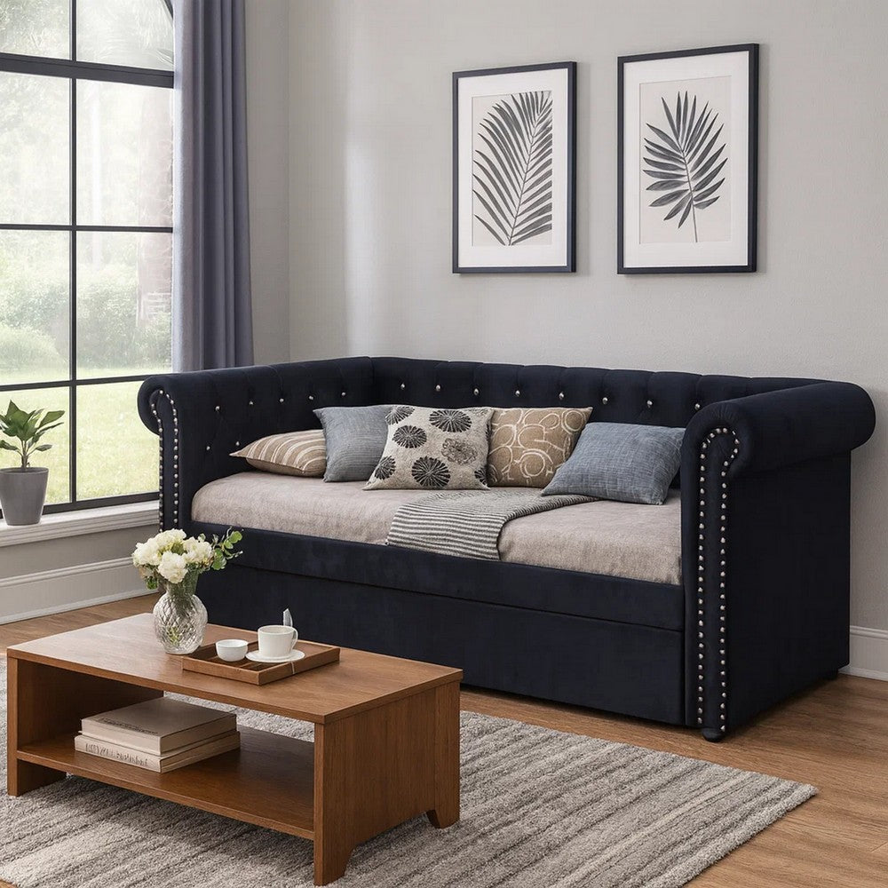 Ellen Trundle Daybed, Black Fabric Upholstery, Rolled Arms, Nailhead Trim By Casagear Home