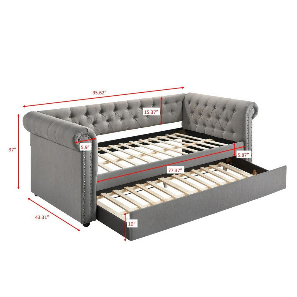 Ellen Trundle Daybed Gray Fabric Upholstery Rolled Arms Nailhead Trim By Casagear Home BM307266