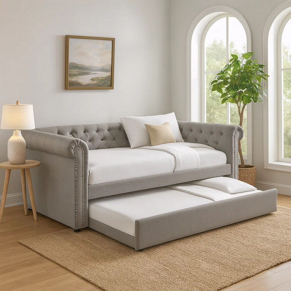 Ellen Trundle Daybed, Gray Fabric Upholstery, Rolled Arms, Nailhead Trim By Casagear Home
