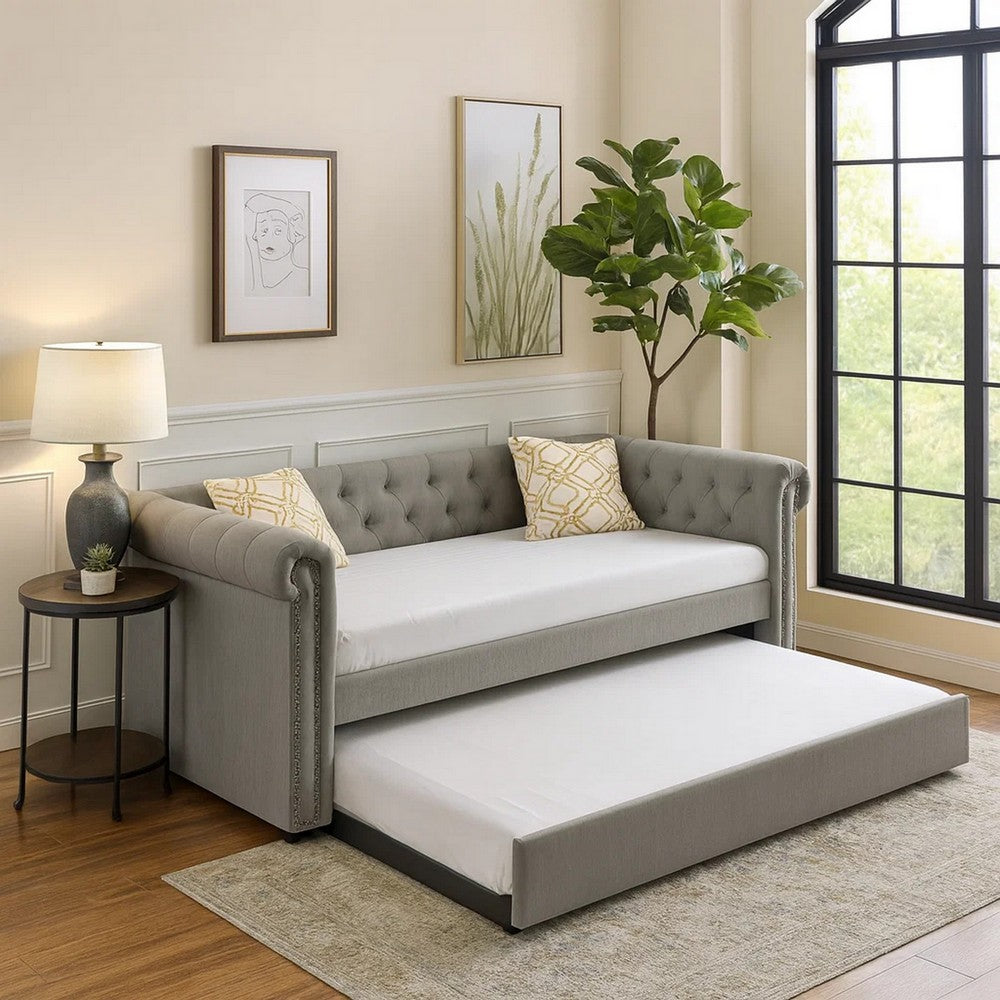 Ellen Trundle Daybed, Gray Fabric Upholstery, Rolled Arms, Nailhead Trim By Casagear Home