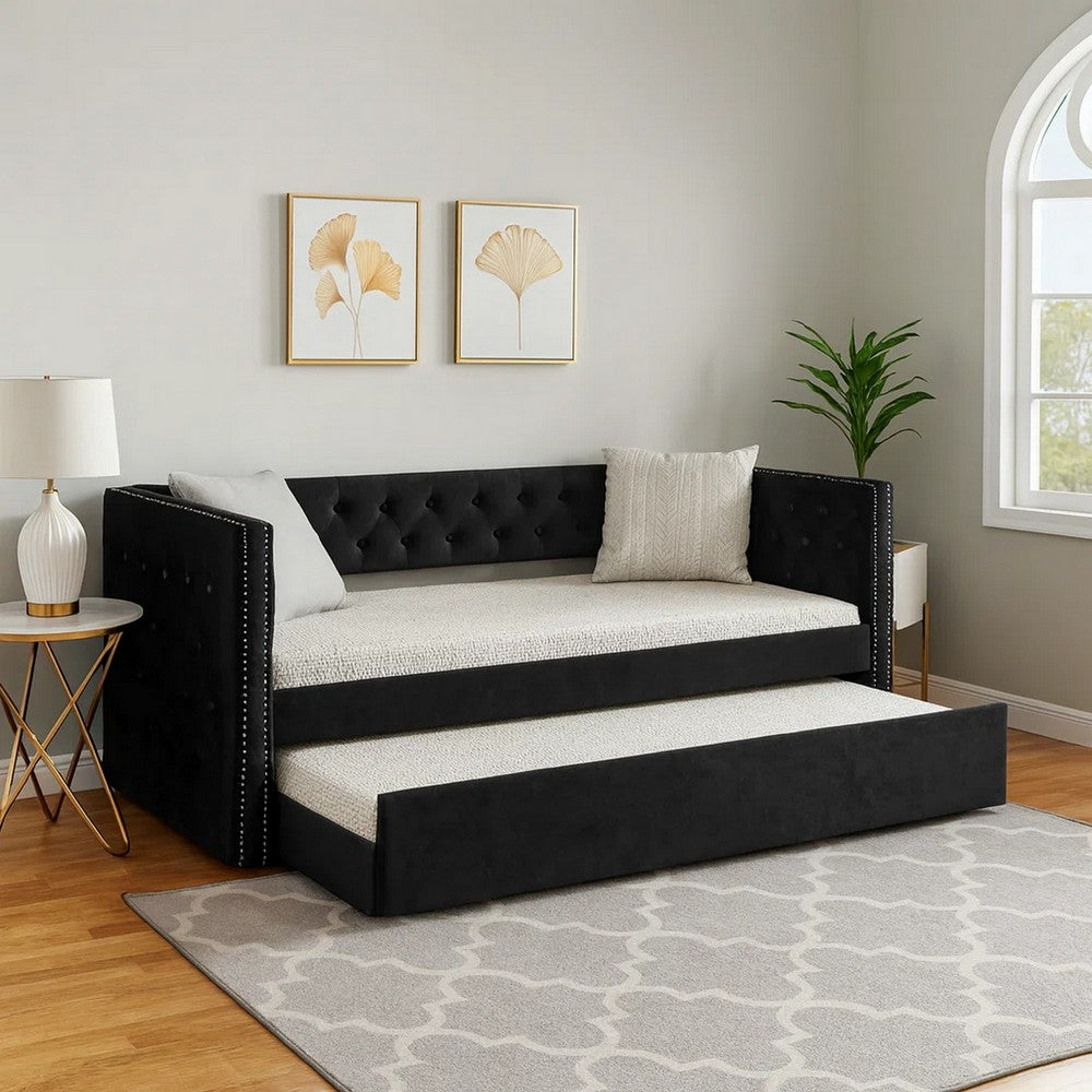 Trace Trundle Daybed, Black Fabric Upholstery, Chesterfield, Nailhead Trim By Casagear Home