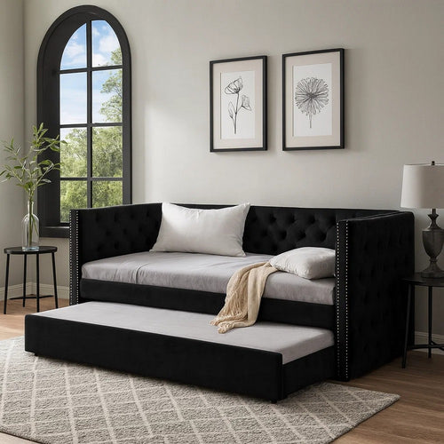 Trace Trundle Daybed, Black Fabric Upholstery, Chesterfield, Nailhead Trim By Casagear Home