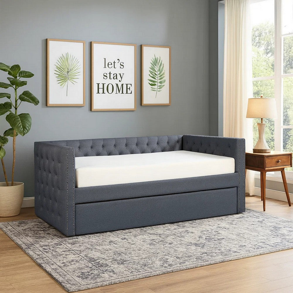Trace Trundle Daybed, Gray Fabric Upholstery, Chesterfield, Nailhead Trim By Casagear Home