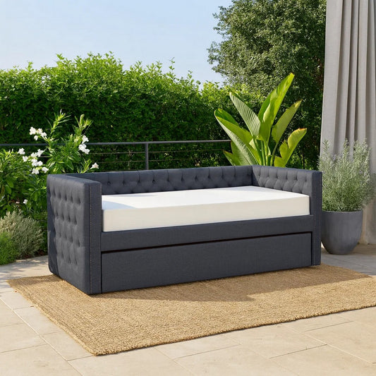 Trace Trundle Daybed, Gray Fabric Upholstery, Chesterfield, Nailhead Trim By Casagear Home