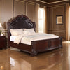 Chef King Size Bed, Carved, Faux Leather Upholstery, Dark Brown Wood By Casagear Home