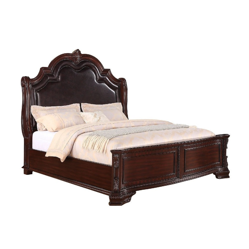 Chef King Size Bed Carved Faux Leather Upholstery Dark Brown Wood By Casagear Home