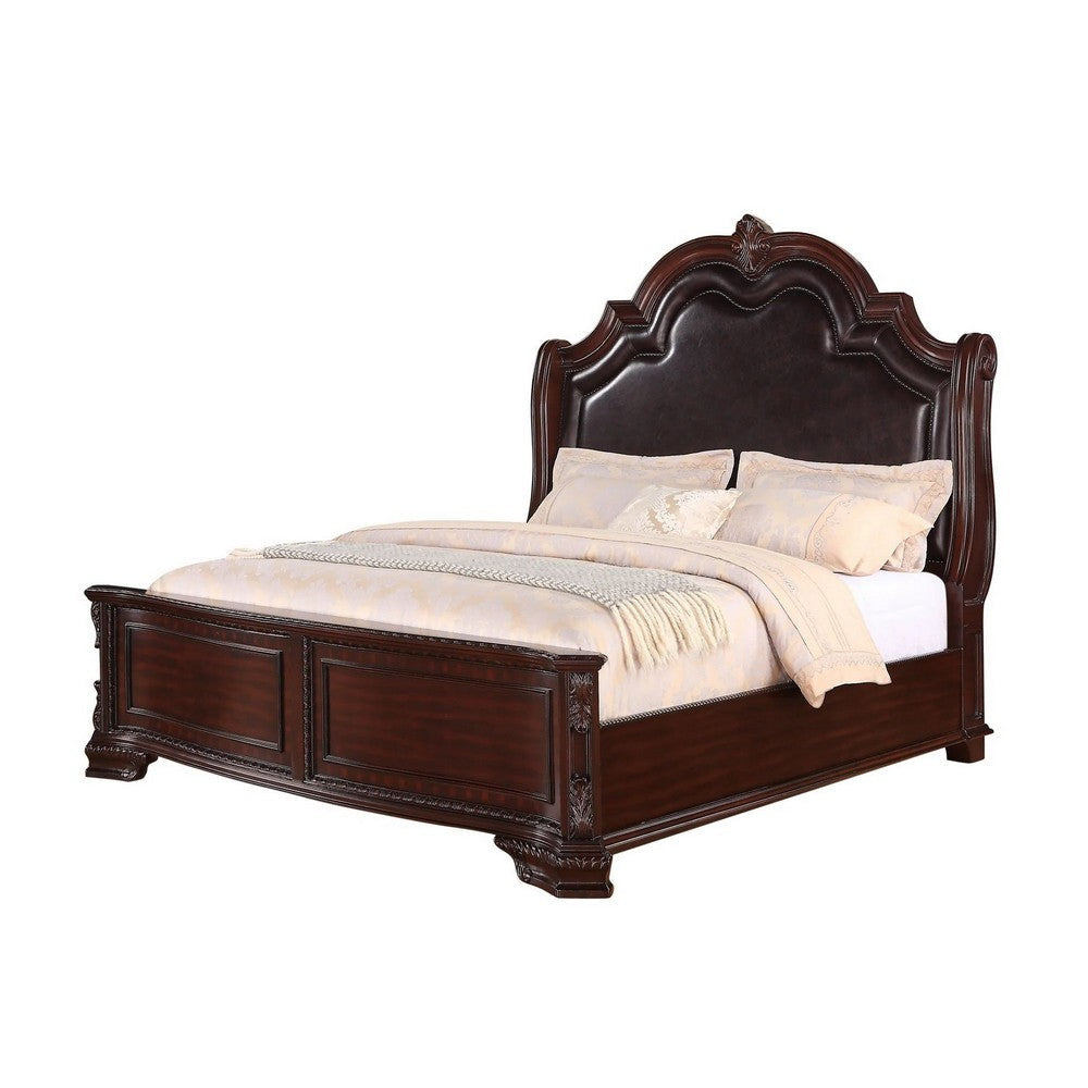 Chef Queen Size Bed Carved Faux Leather Upholstery Dark Brown Wood By Casagear Home BM307271