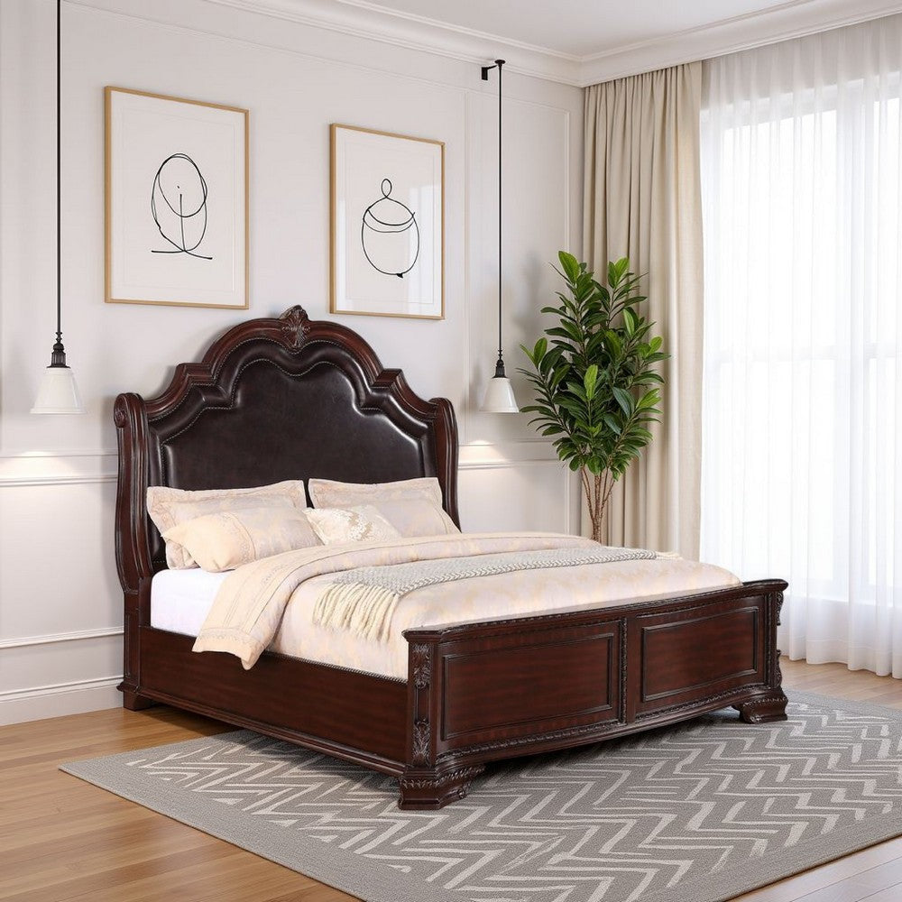 Chef Queen Size Bed, Carved, Faux Leather Upholstery, Dark Brown Wood By Casagear Home