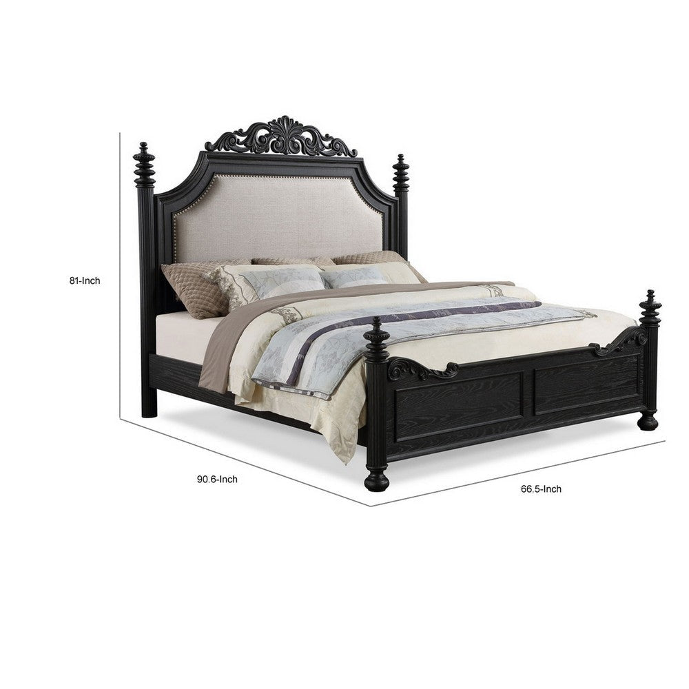 Berry Queen Size Bed Scrolled Headboard Cream Upholstery Black Wood By Casagear Home BM307274