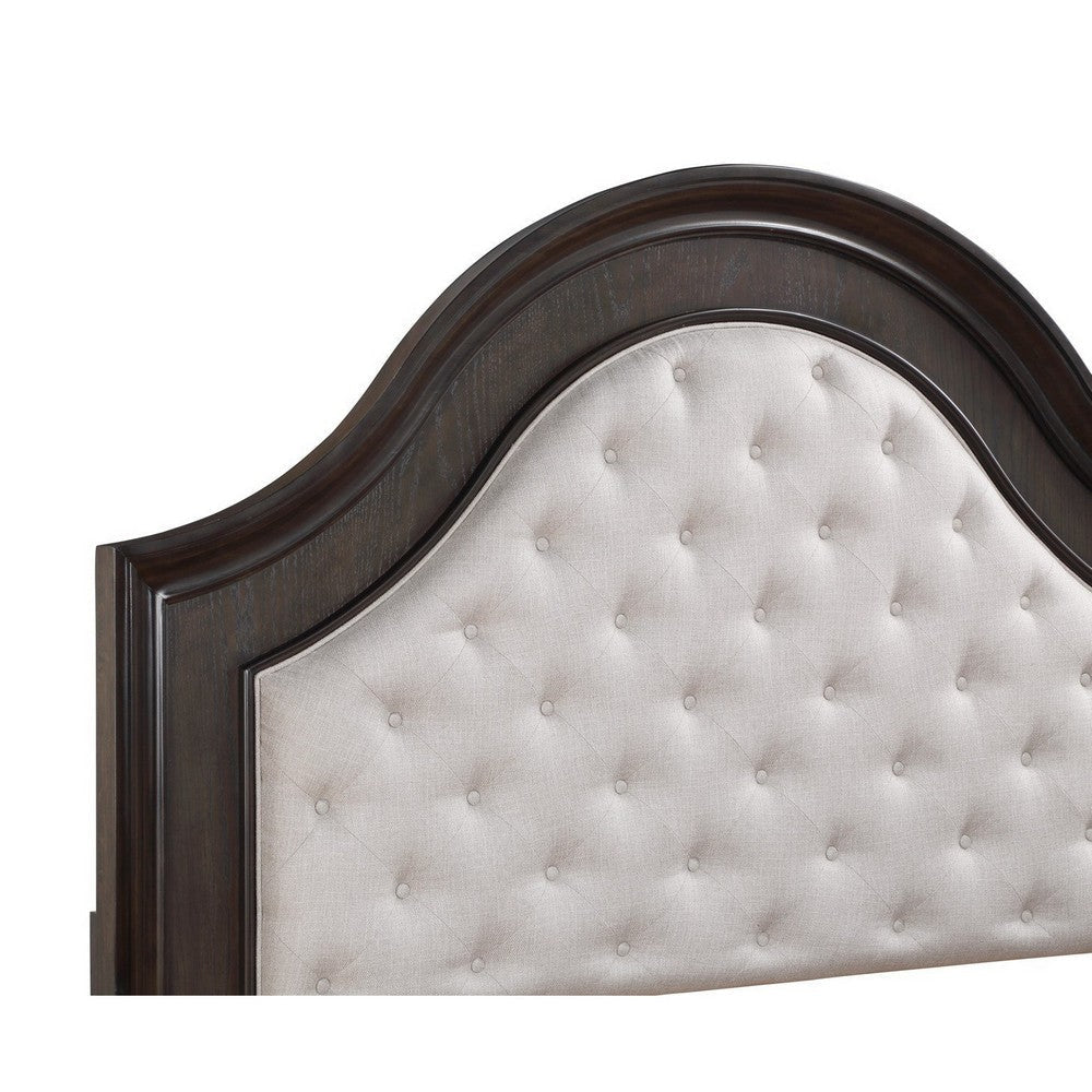 Dam Queen Size Bed Curved Headboard Cream Fabric Upholstery Brown Wood By Casagear Home BM307277