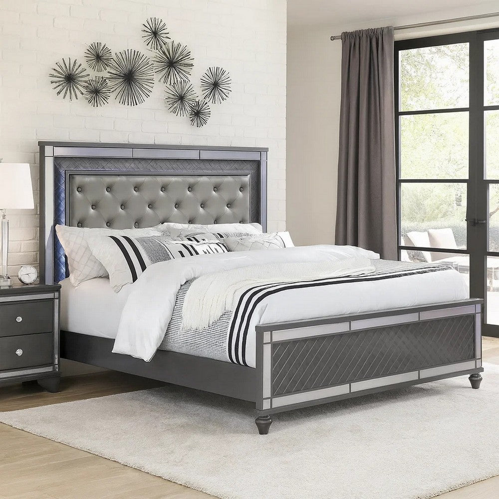 Reff King Size Bed, Button Tufted Gray Fabric Upholstery, Modern Wood Panel By Casagear Home