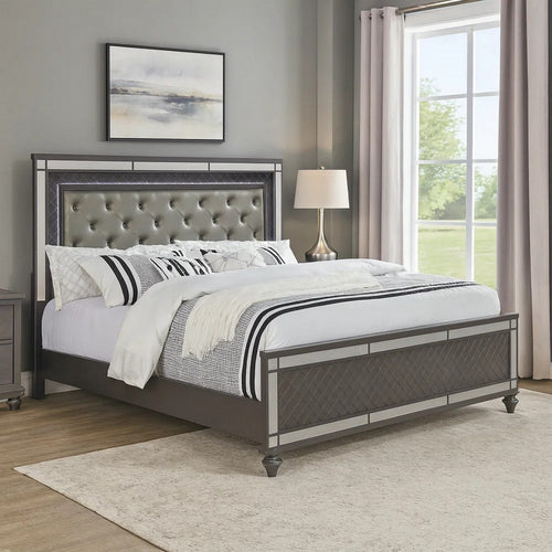 Reff King Size Bed, Button Tufted Gray Fabric Upholstery, Modern Wood Panel By Casagear Home