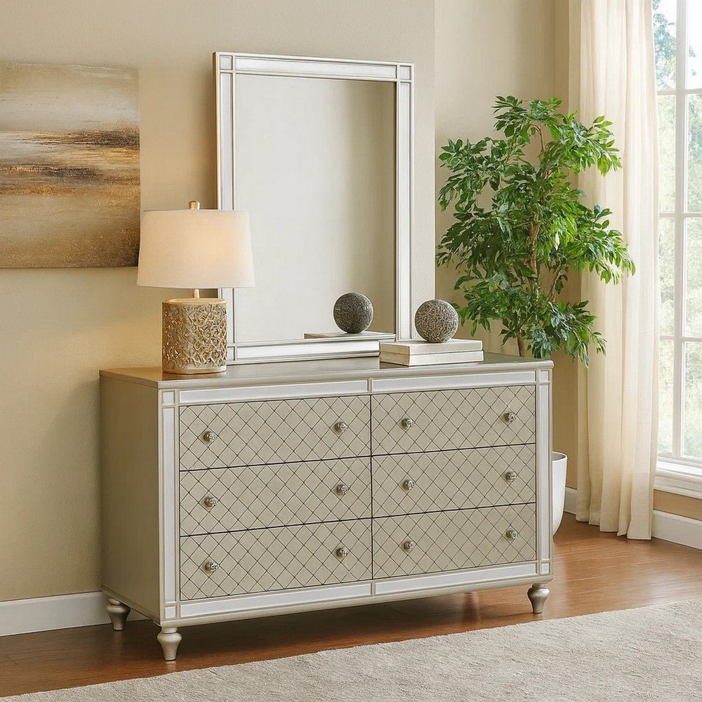 Cristo 62 Inch Wide Dresser with Mirror, 6 Drawers, Champagne Cross Pattern By Casagear Home