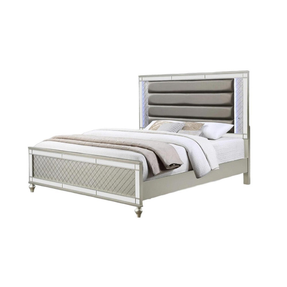 Cristo King Size Bed Gray Fabric Upholstery Champagne Wood Mirror Trim By Casagear Home