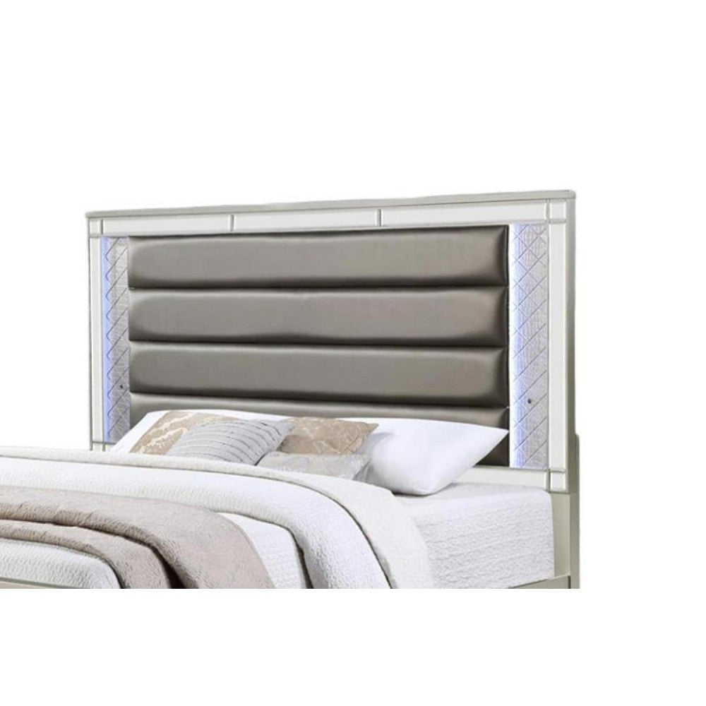 Cristo King Size Bed Gray Fabric Upholstery Champagne Wood Mirror Trim By Casagear Home