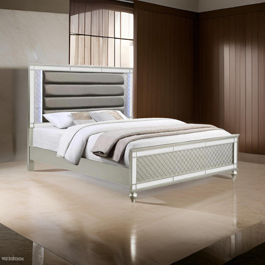 Cristo King Size Bed, Gray Fabric Upholstery, Champagne Wood, Mirror Trim By Casagear Home