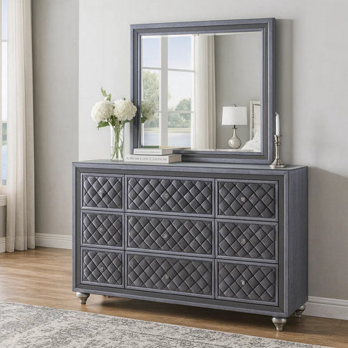 Rall 61 Inch Wide Dresser with Mirror, 9 Drawers, Modern, Turned Legs, Gray By Casagear Home