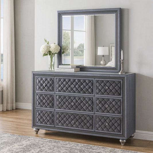 Rall 61 Inch Wide Dresser with Mirror, 9 Drawers, Modern, Turned Legs, Gray By Casagear Home