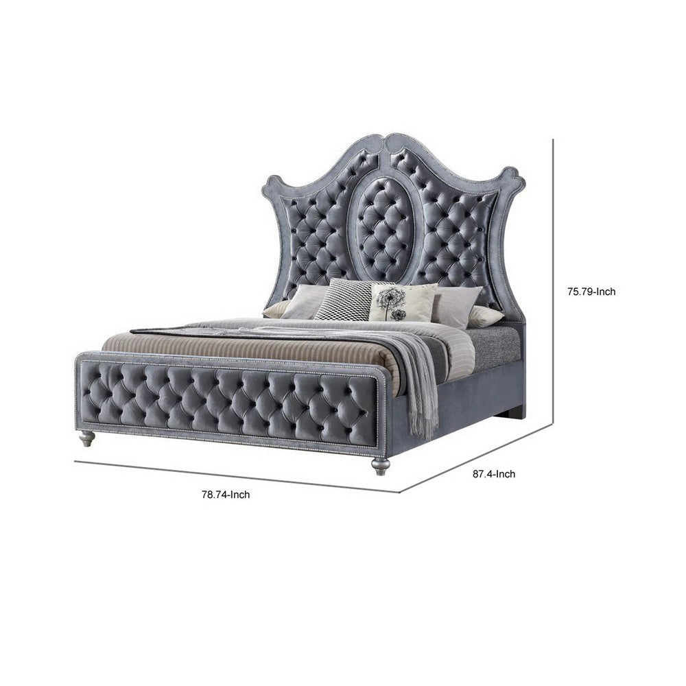 Rall King Size Bed Curved Wood Headboard Tufted Gray Fabric Upholstery By Casagear Home BM307287