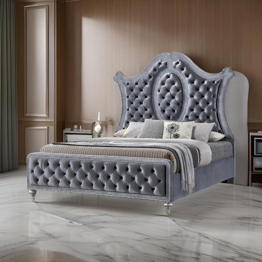Rall King Size Bed, Curved Wood Headboard, Tufted Gray Fabric Upholstery By Casagear Home
