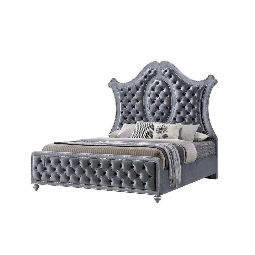 Rall King Size Bed, Curved Wood Headboard, Tufted Gray Fabric Upholstery By Casagear Home