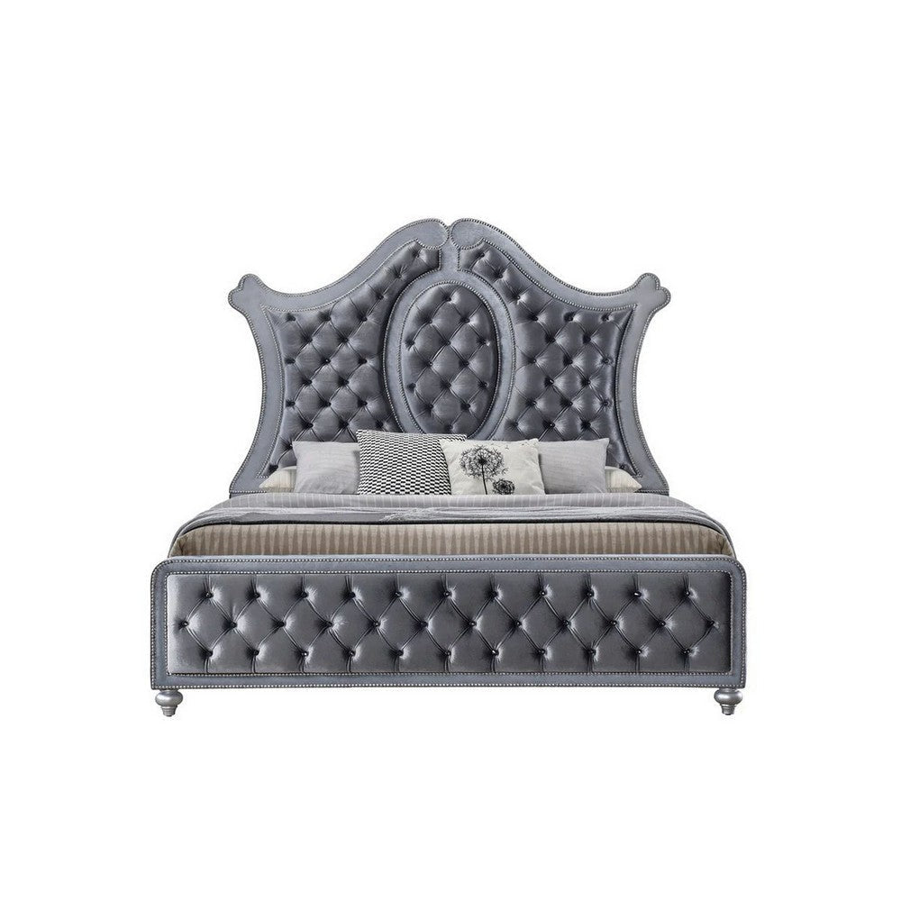 Rall Queen Size Bed Curved Wood Headboard Tufted Gray Fabric Upholstery By Casagear Home BM307288