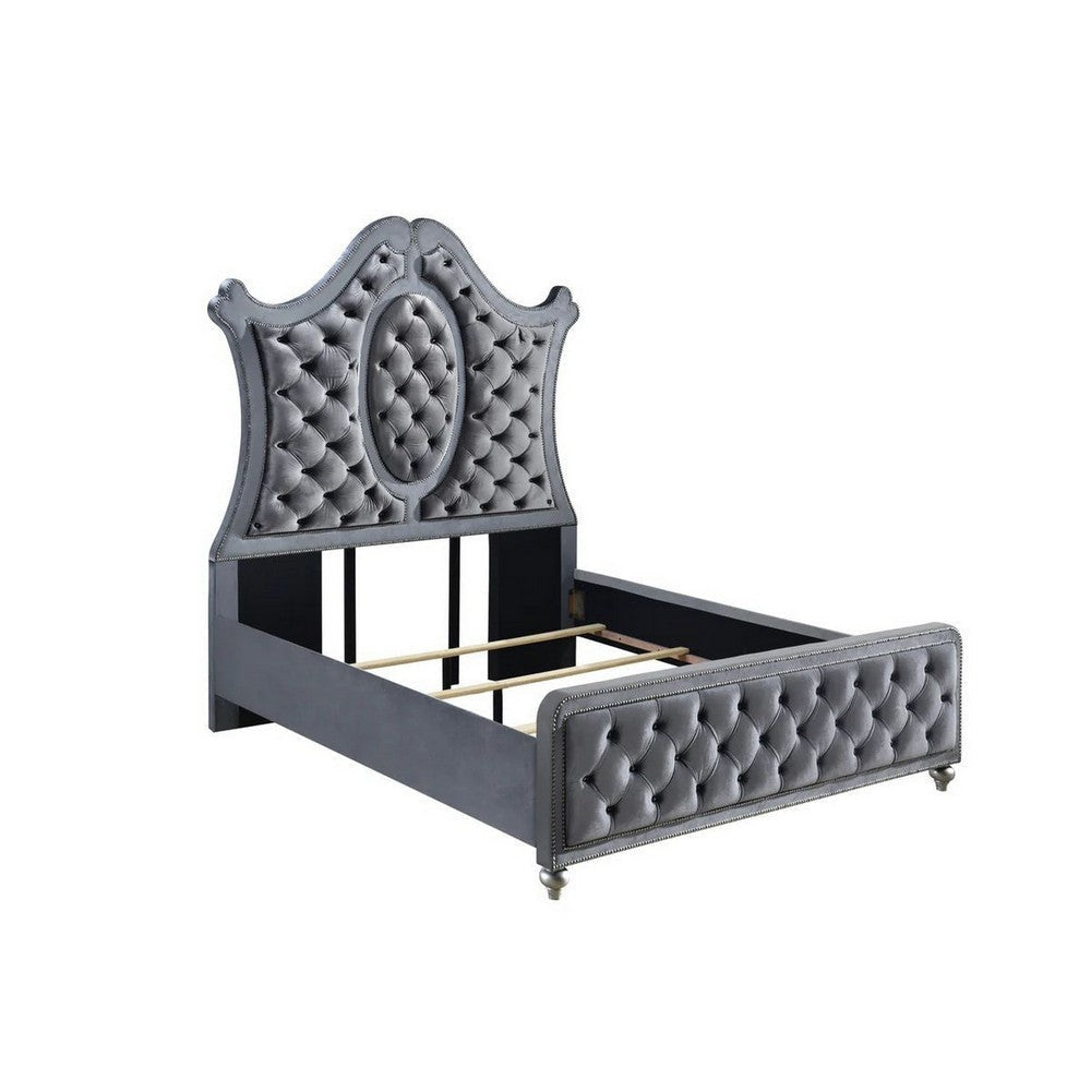 Rall Queen Size Bed Curved Wood Headboard Tufted Gray Fabric Upholstery By Casagear Home