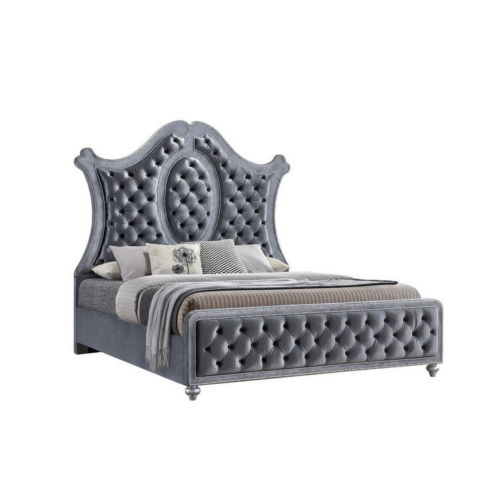 Rall Queen Size Bed Curved Wood Headboard Tufted Gray Fabric Upholstery By Casagear Home