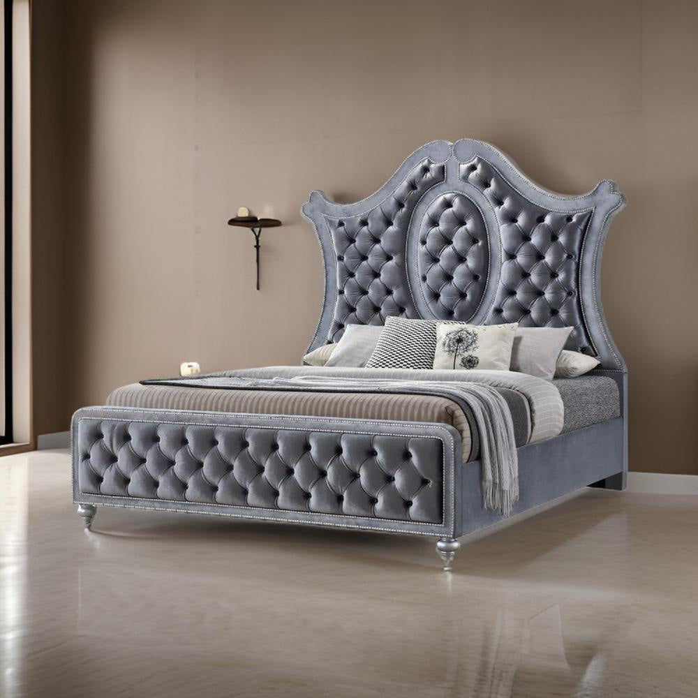 Rall Queen Size Bed, Curved Wood Headboard, Tufted Gray Fabric Upholstery By Casagear Home