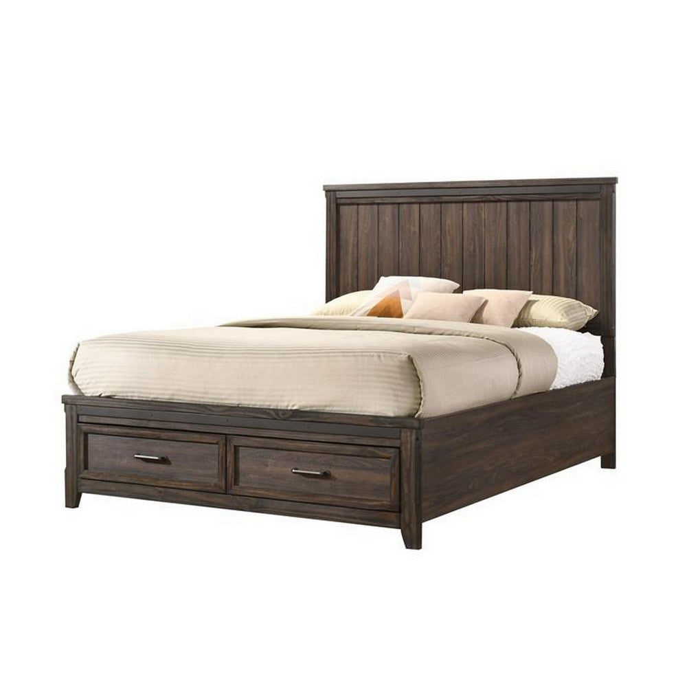 Sea Queen Size Bed, Rustic Modern Design, Panel Headboard, Brown Wood By Casagear Home