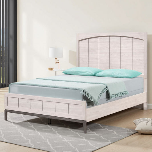 Vice Queen Size Bed, Panel Headboard Design, Gray, Light Washed Brown Wood By Casagear Home