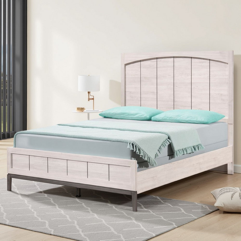 Vice Queen Size Bed, Panel Headboard Design, Gray, Light Washed Brown Wood By Casagear Home