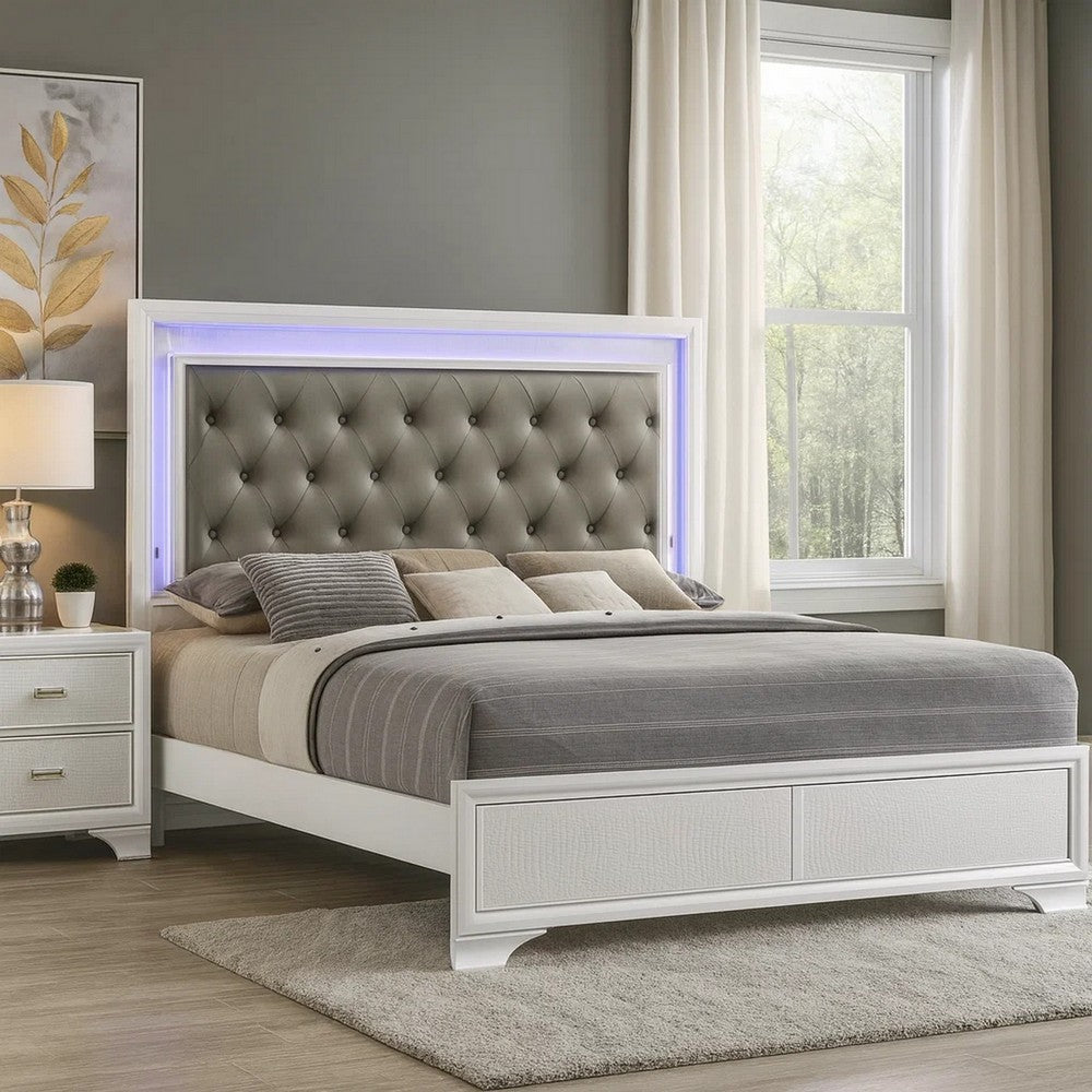 Lise King Size Bed, Gray Fabric Upholstery, LED Lit, Modern White Wood By Casagear Home